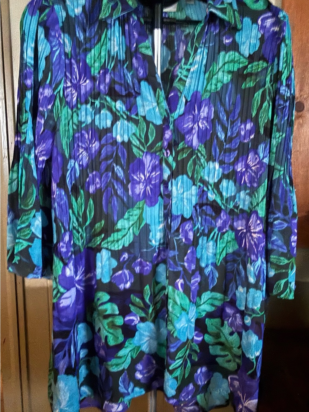 Sunny Leigh Teal & Purple Floral Pleated Tunic -2X- Great Condition #81